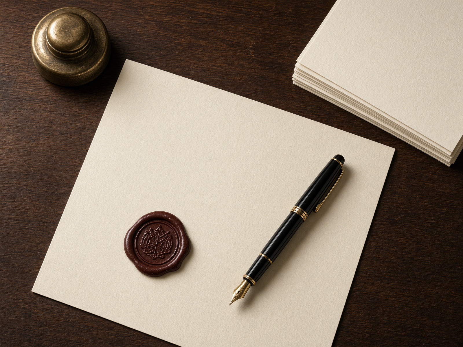 Overhead still life of a blotter, fountain pen, and wax seal on a walnut desk.