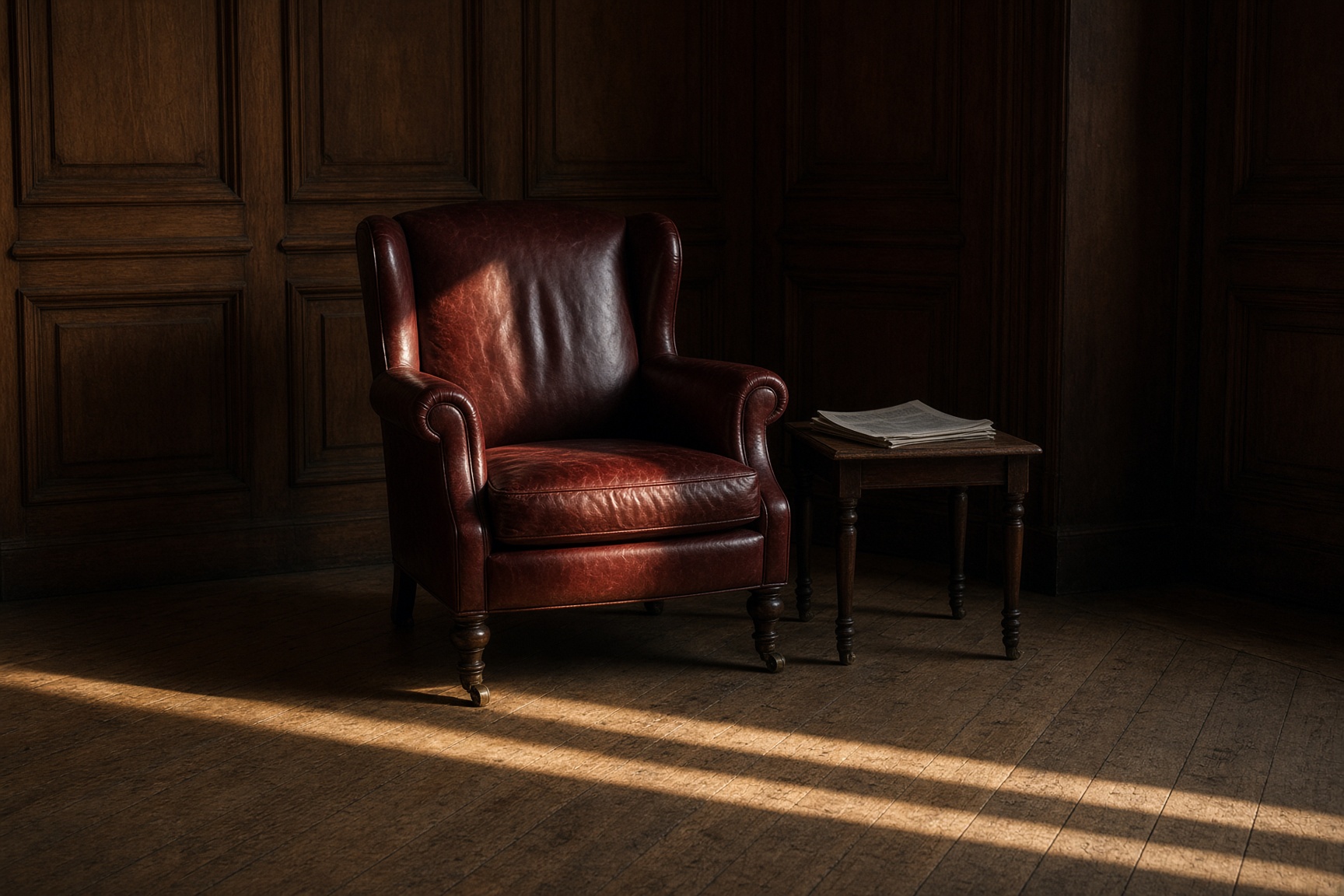An empty oxblood leather armchair in a quiet office, afternoon sun on the floor.