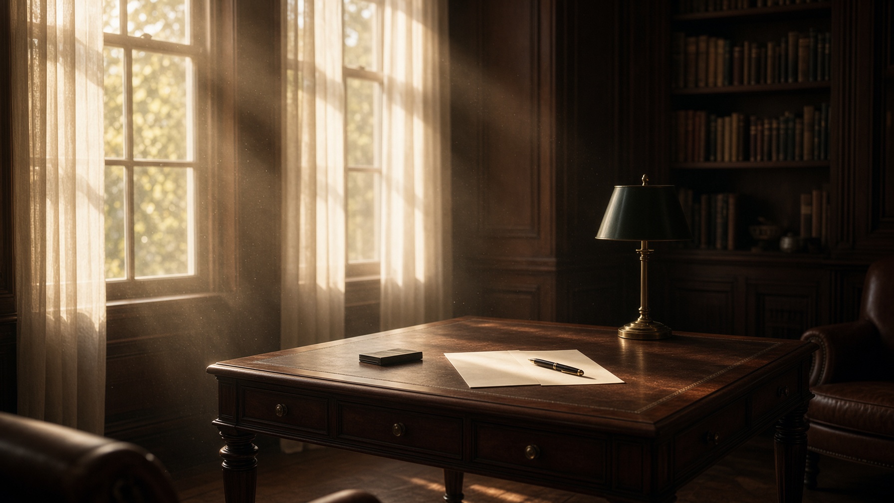 An empty wood-paneled study in late afternoon, a mahogany desk waiting under warm window light.